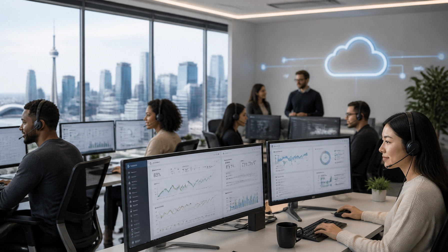 Open-plan office with coworkers at desks and multiple monitors showing charts; a neon cloud graphic on the wall behind them.