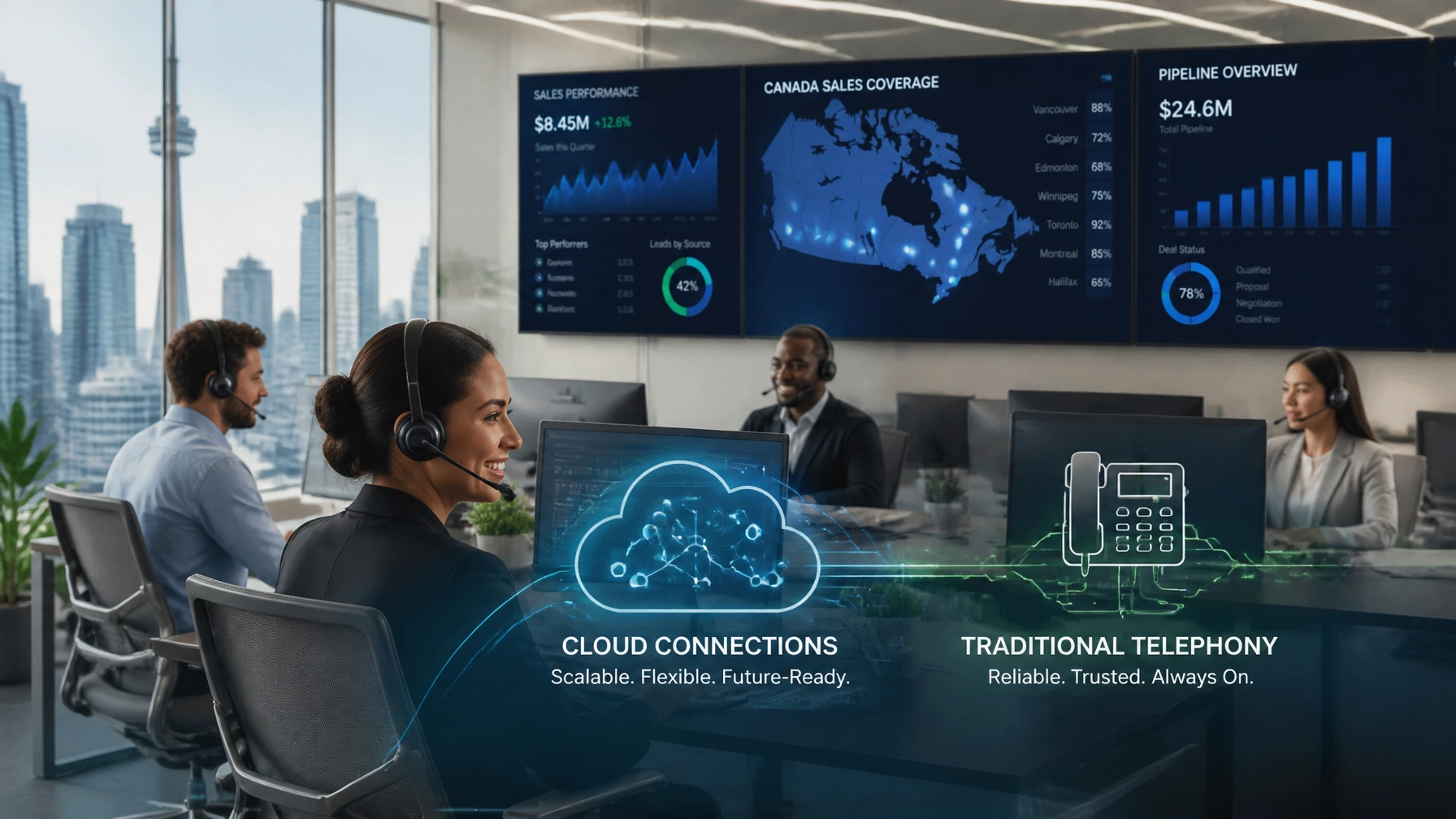 pLy-licfUNX - Voiswitch - Voiswitch Call center scene with agents wearing headsets; a blue overlay shows 'Cloud Connections' vs 'Traditional Telephony' with related slogans and icons.