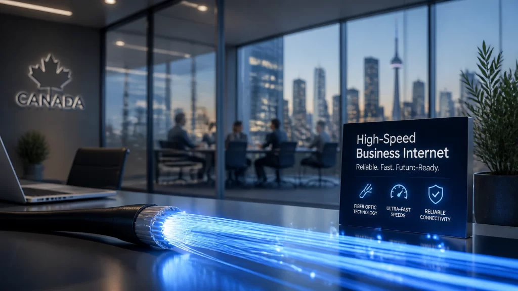 Office lobby with a Canada logo and glass-walled conference room; in the foreground a glowing fiber optic cable and a sign reading 'High-Speed Business Internet' with benefits listed.