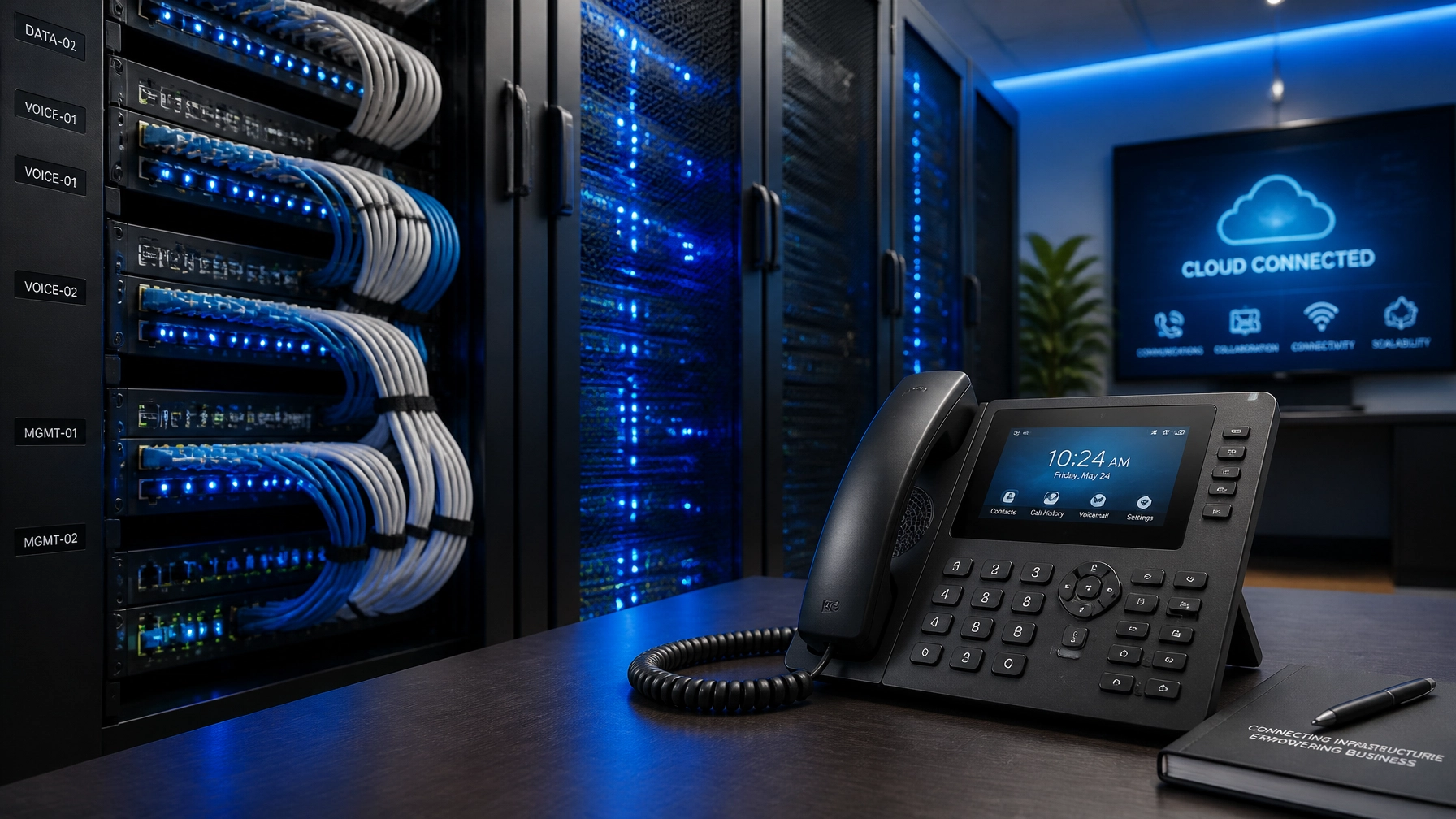 2Dc7nUdTyHp - Voiswitch - Voiswitch Server racks with blue LED lights in a data center, plus a desk phone and note pad in the foreground, suggesting a connected IT workspace.