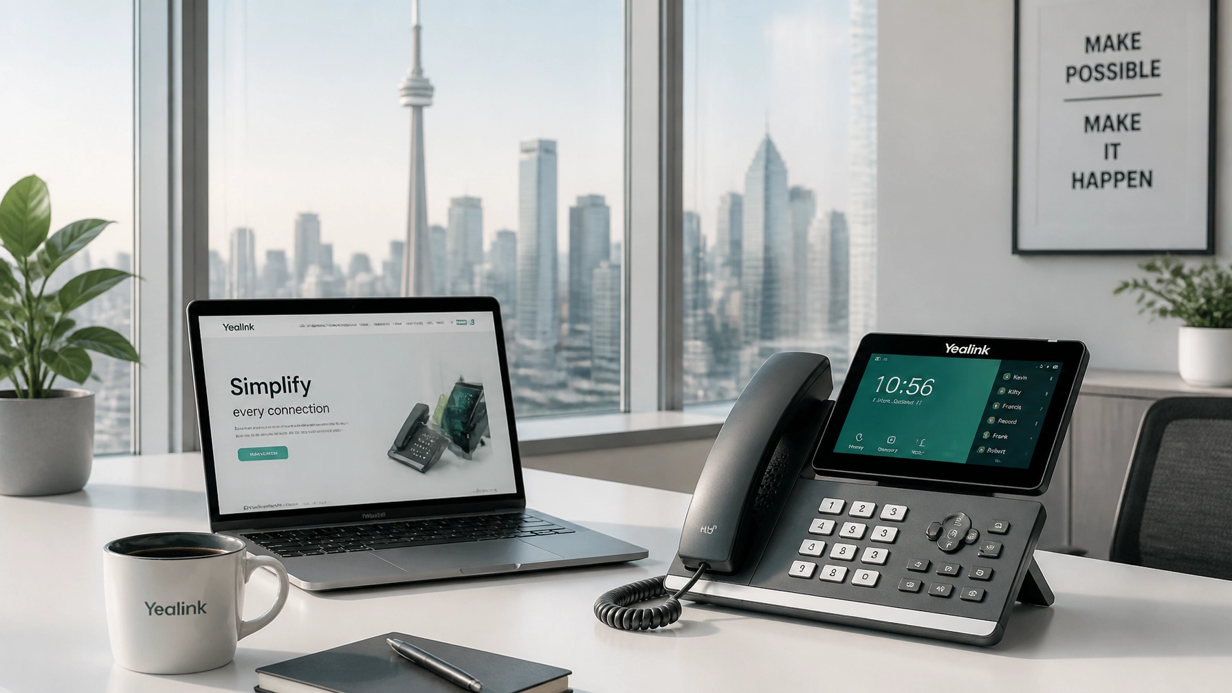 Modern office desk with a Yealink laptop, a desk phone, mug, notebook, and a city skyline through large windows.