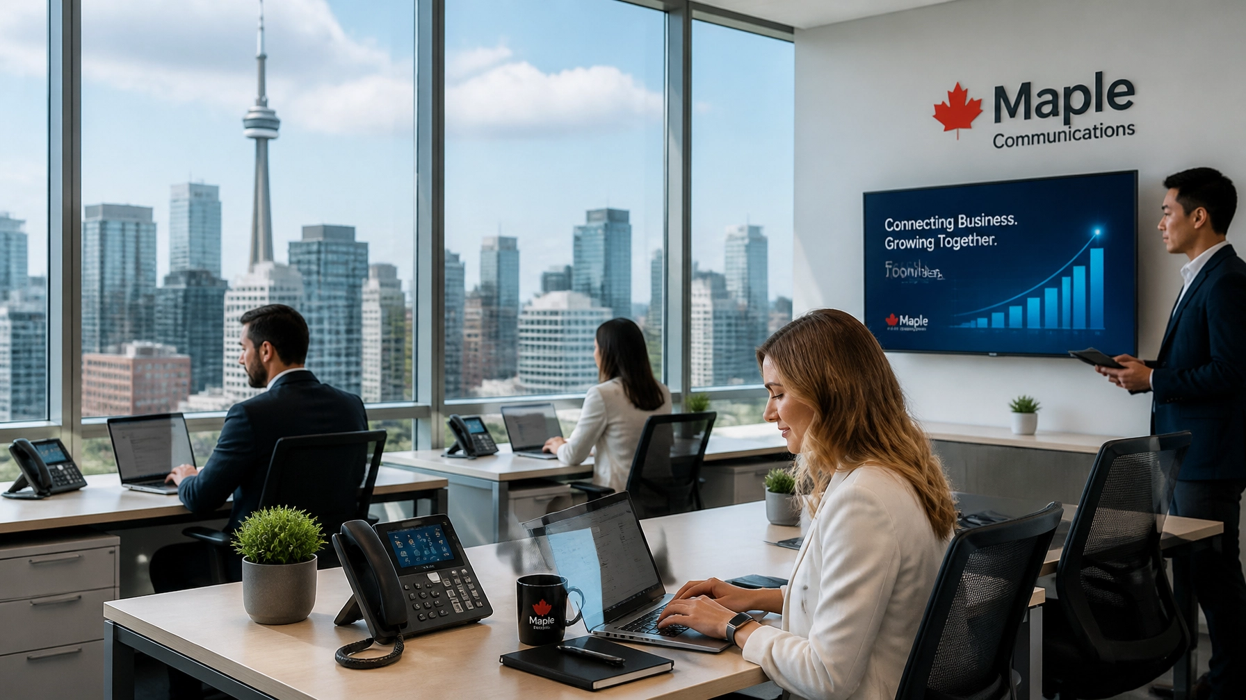 A4E0ntMZGrt - Voiswitch - Voiswitch Office conference room with employees at desks facing large windows overlooking a city skyline; Maple Communications branding on the wall.
