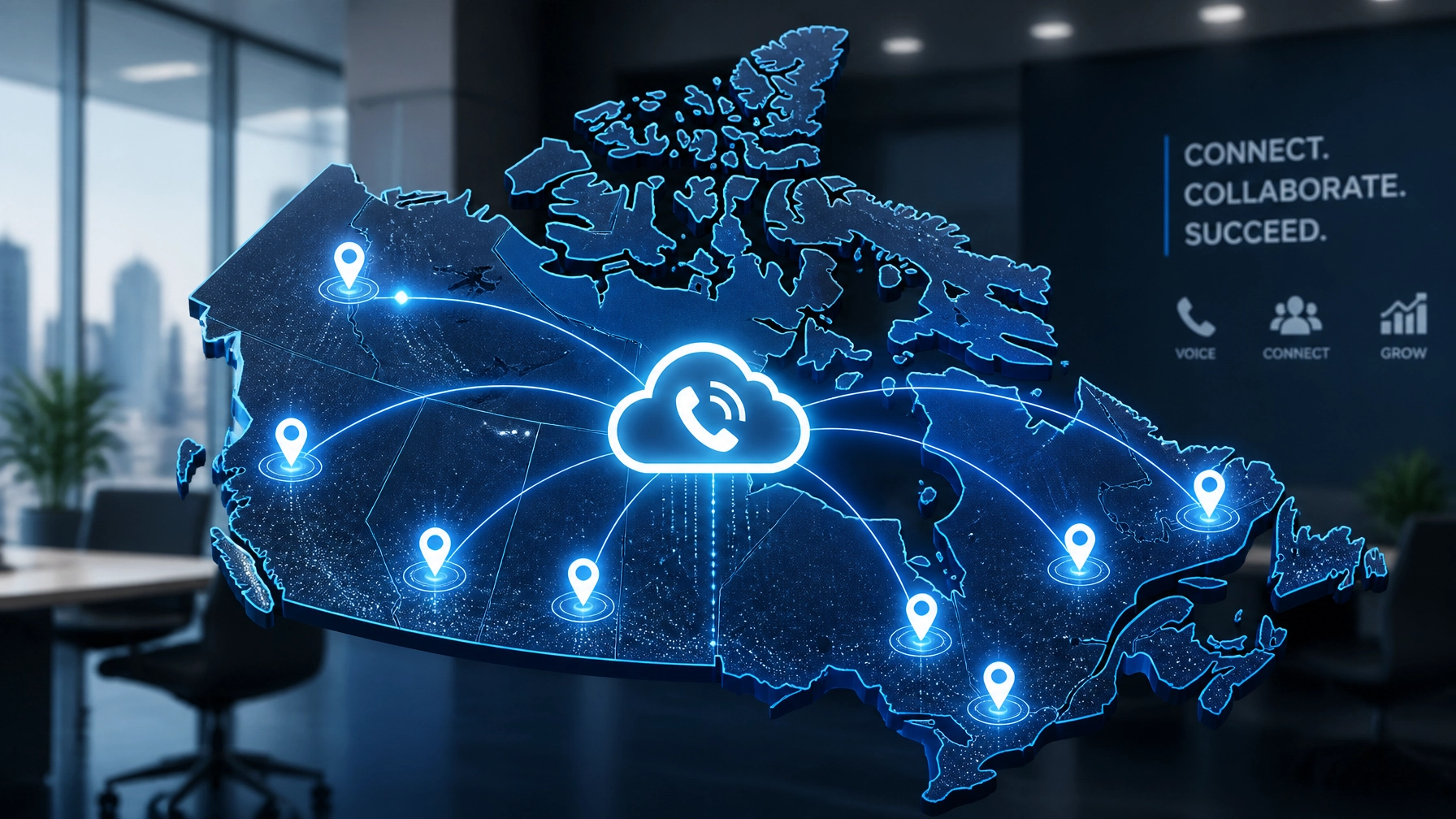 Blue digital map of Canada with a cloud icon and glowing lines connecting city pins, illustrating cloud networking start-to-end connectivity.