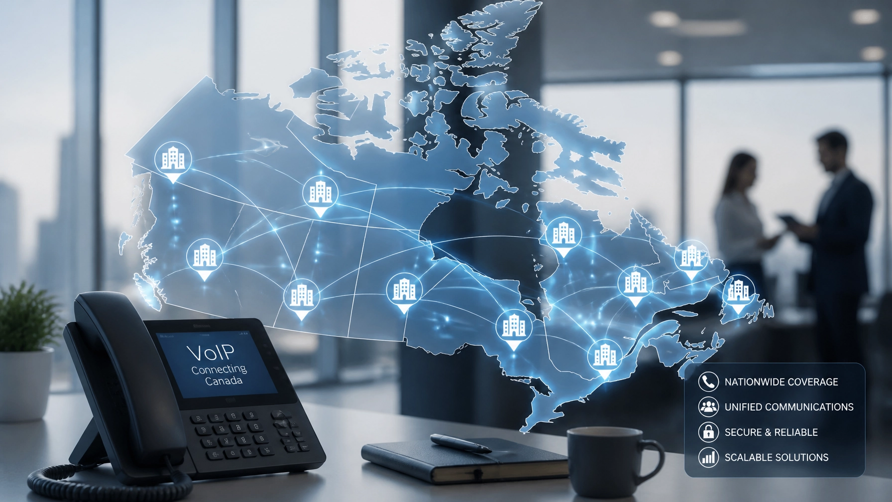 VoIP desk phone with a glowing map of Canada showing connected city icons across the country, blurred office figures in the background.
