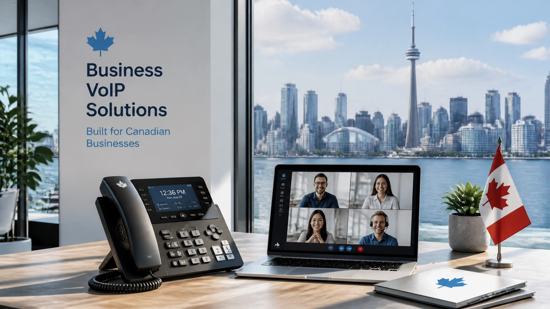 Desk setup for business videoconferencing: desk phone and a laptop showing a four-person call, a Canadian flag, and a sign reading 'Business VoIP Solutions' with city skyline outside the window.