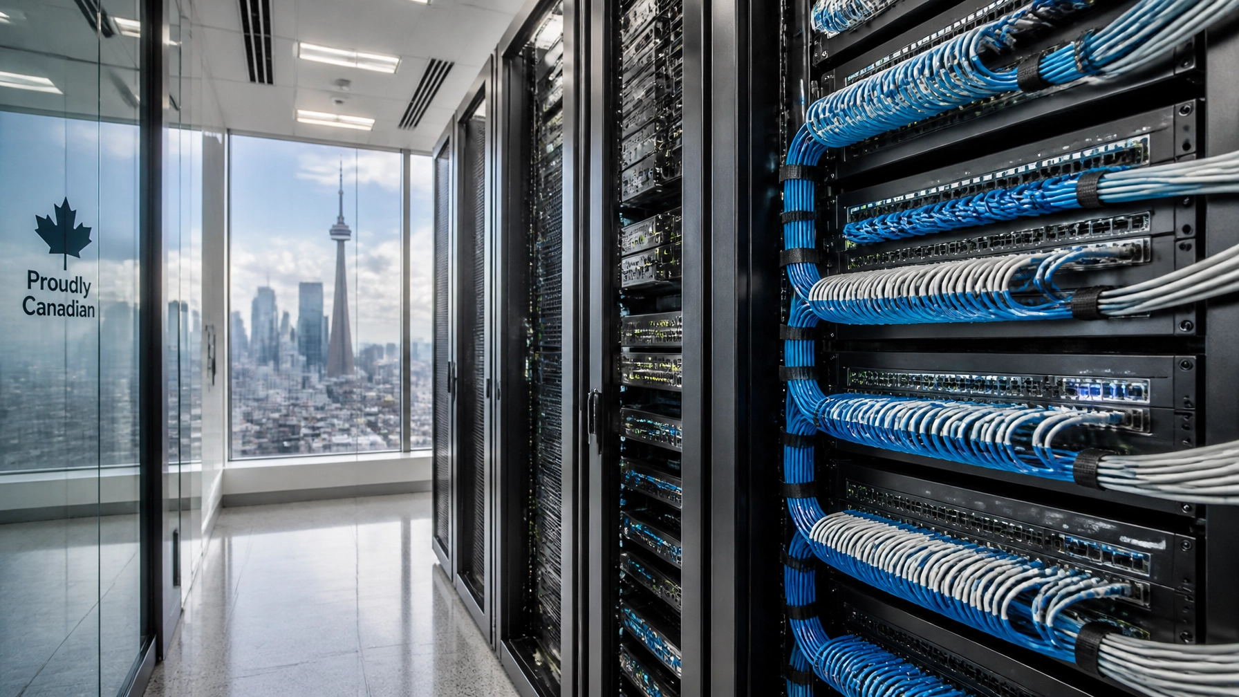 Data center with racks of servers and blue network cables; glass wall shows a city skyline and 'Proudly Canadian' logo.