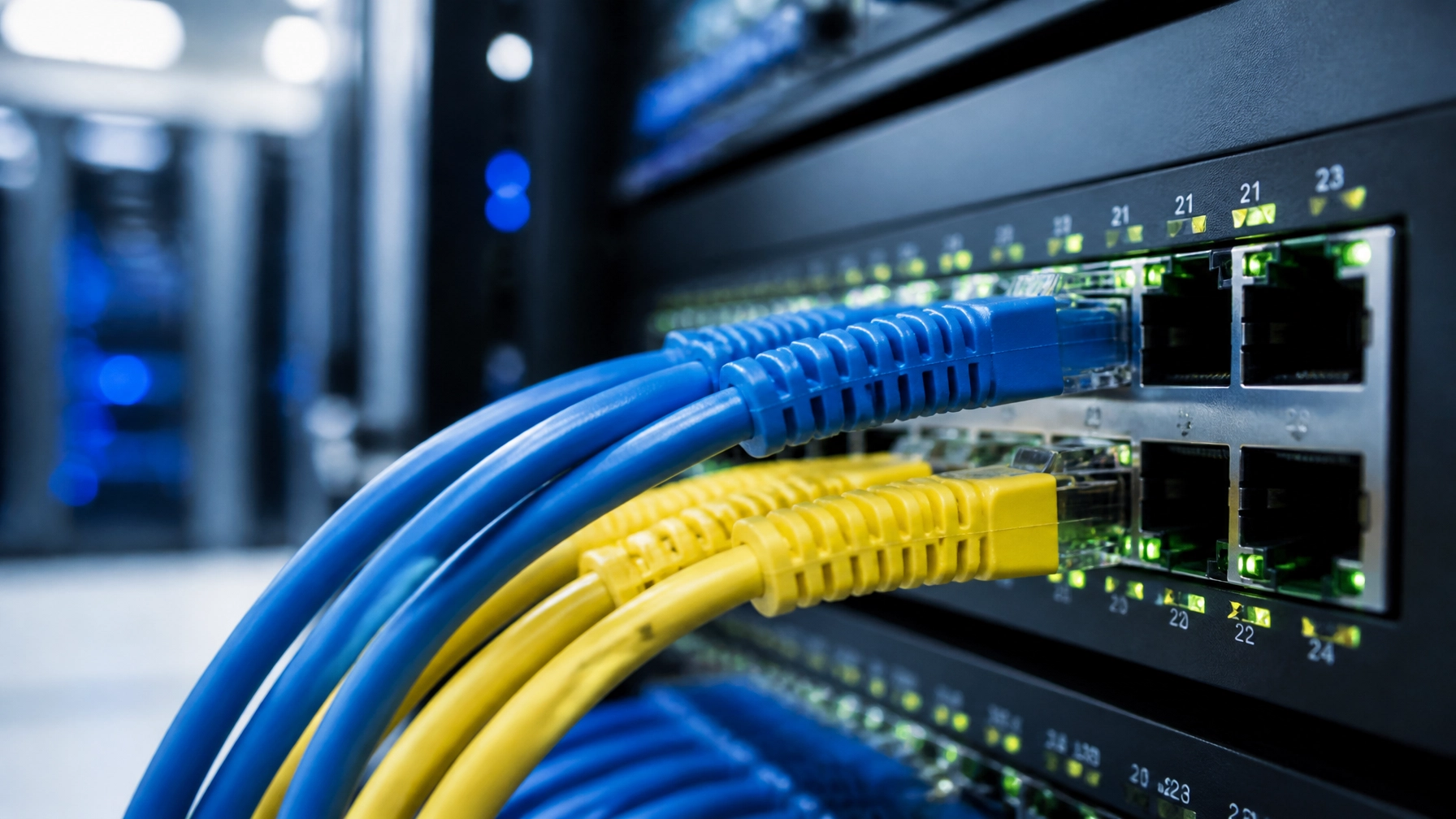 d4dL44ZhvKg - Voiswitch - Voiswitch Blue and yellow Ethernet cables plugged into a server rack switch in a data center.