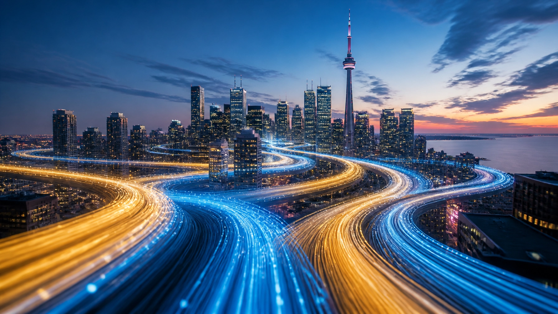 City skyline at dusk with tall skyscrapers and neon light trails looping through a busy downtown area.