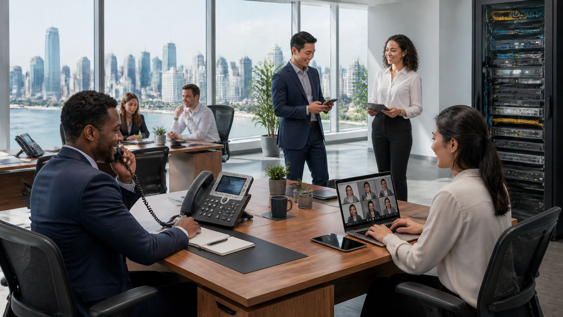 Team meeting in a modern office: man on the phone at left, two presenters standing with tablet and notes while colleagues work at the table by a city view window.