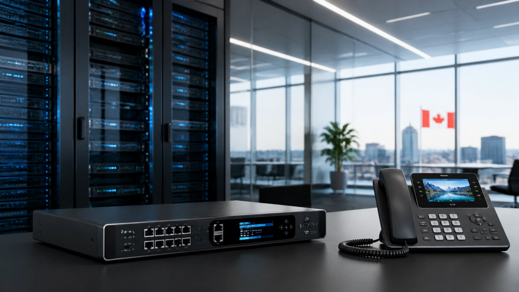 qycixtlySHu - Voiswitch - Voiswitch Server racks with blue LED equipment on the left, a desk phone in the foreground, and a city view with a Canadian flag through the glass walls.