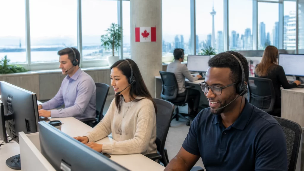 Customer support agents wearing headsets work at computer desks in a bright office with a city skyline outside the windows.