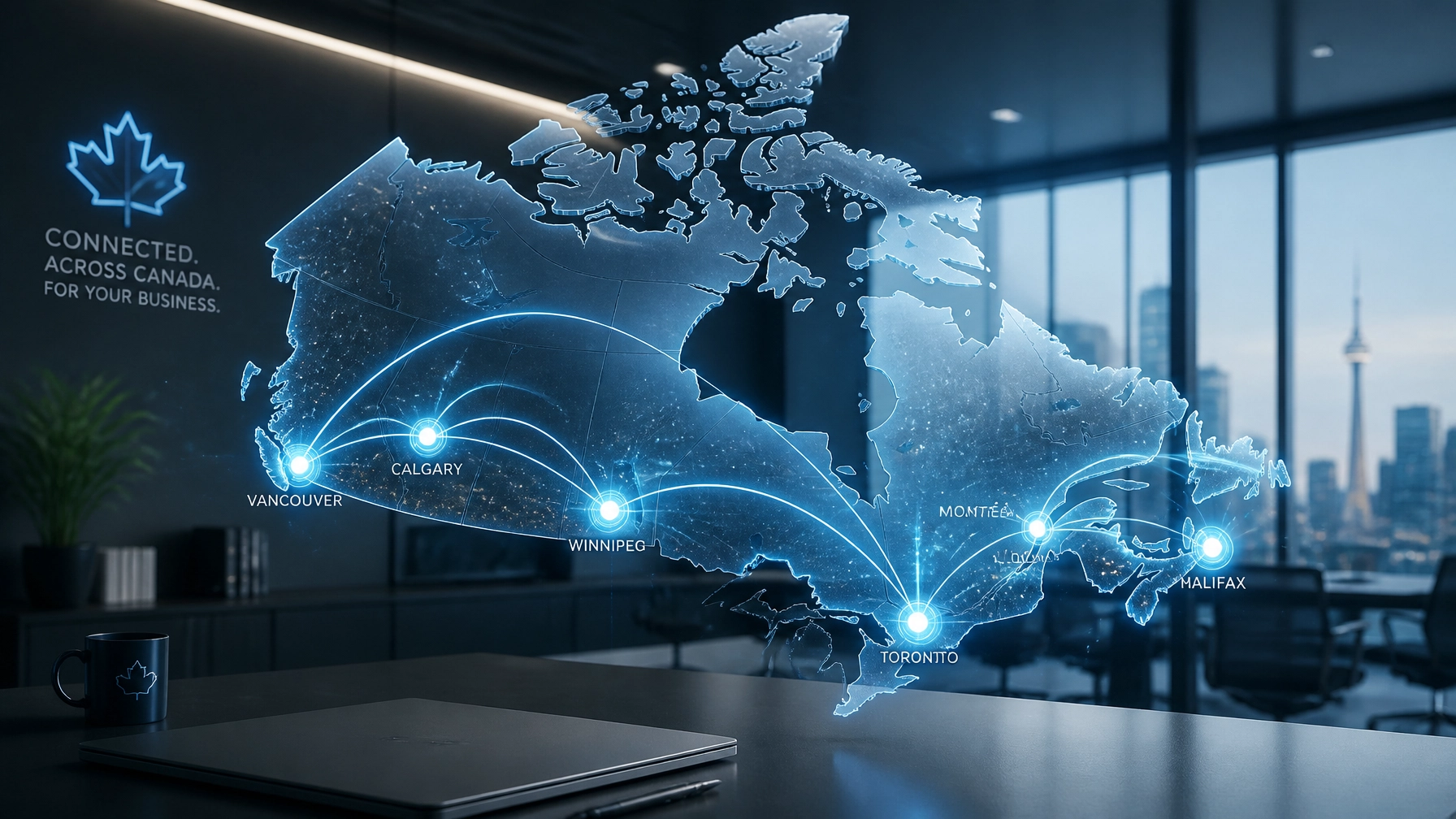 sXV3tfHTycn - Voiswitch - Voiswitch Blue holographic map of Canada with glowing routes linking Vancouver, Calgary, Winnipeg, Toronto, Montreal, Halifax.