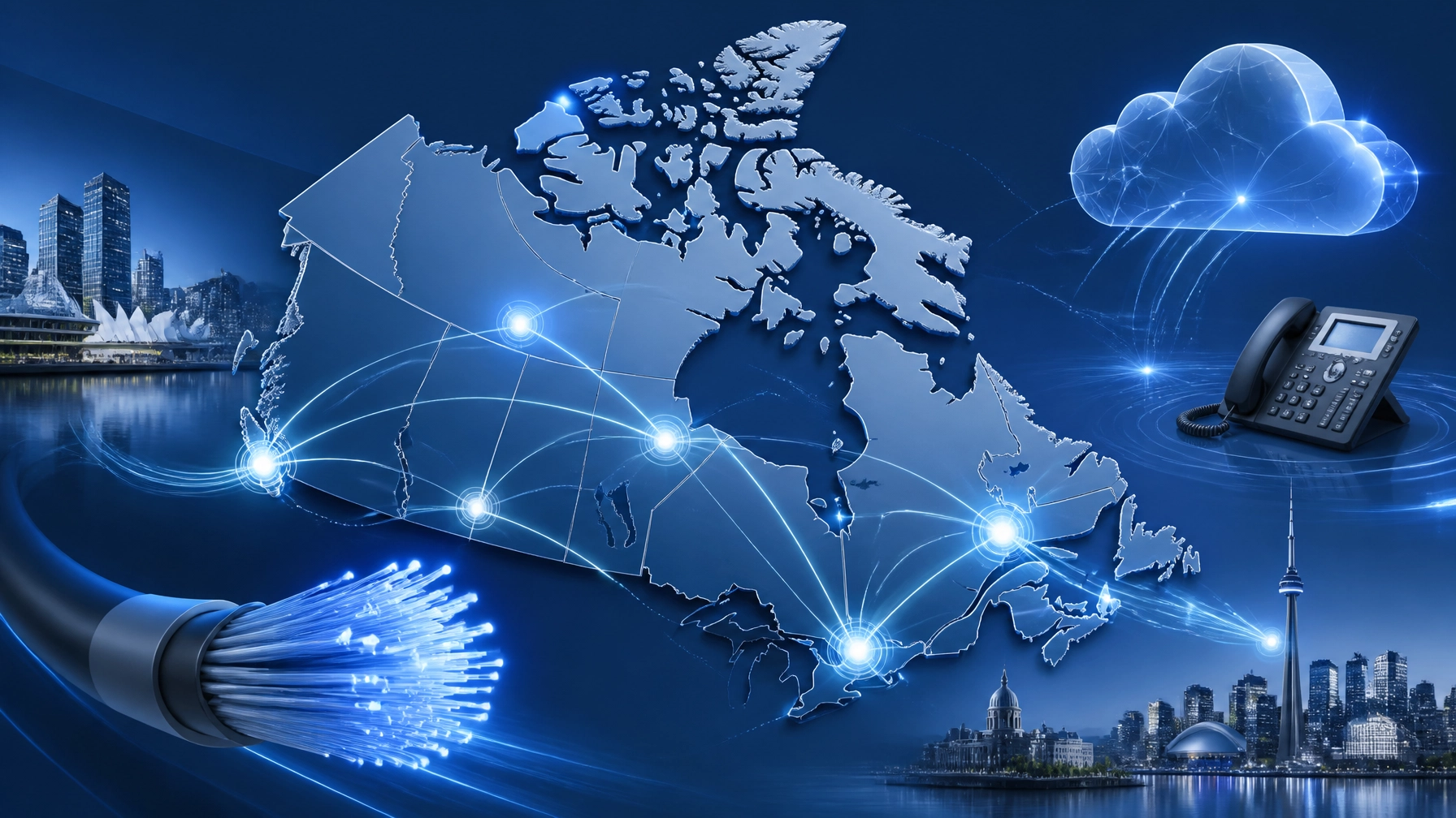 t6KfNfjhfT7 - Voiswitch - Voiswitch Global telecom network visualization: illuminated map with interconnected hubs, fiber optic cable, and a cloud icon set against a blue cityscape.