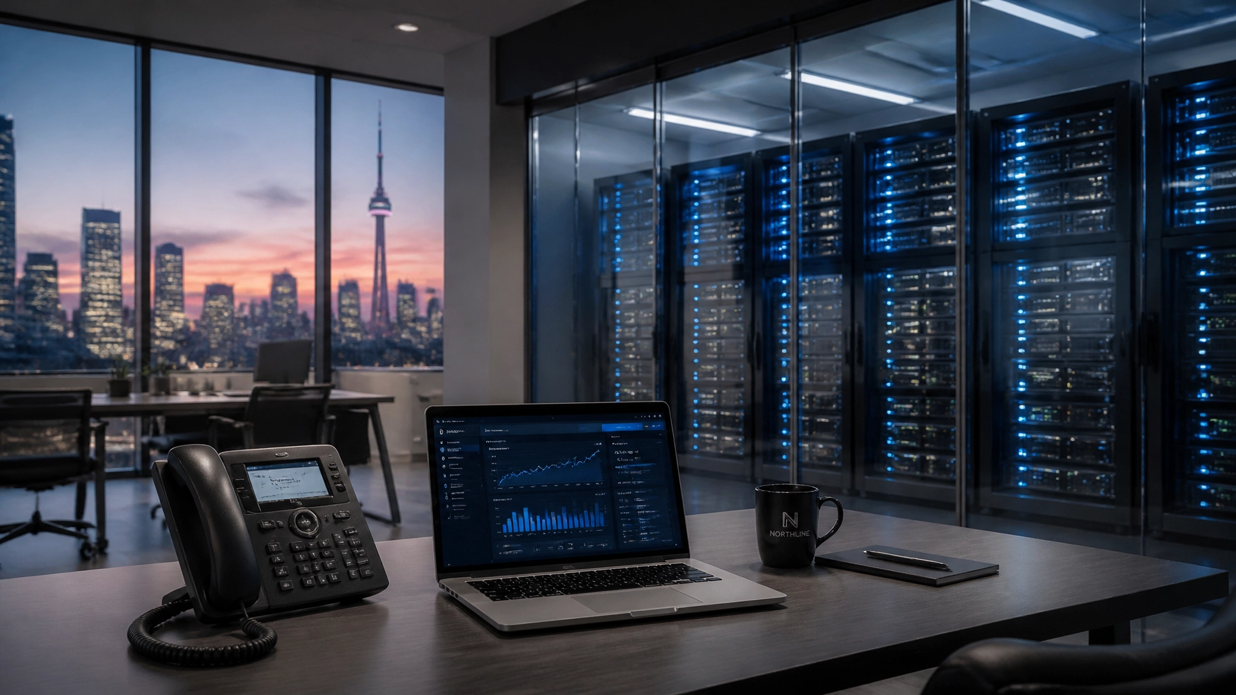 Open office at dusk with a laptop, desk phone, mug, and a row of blue-lit server racks; city skyline outside the windows.