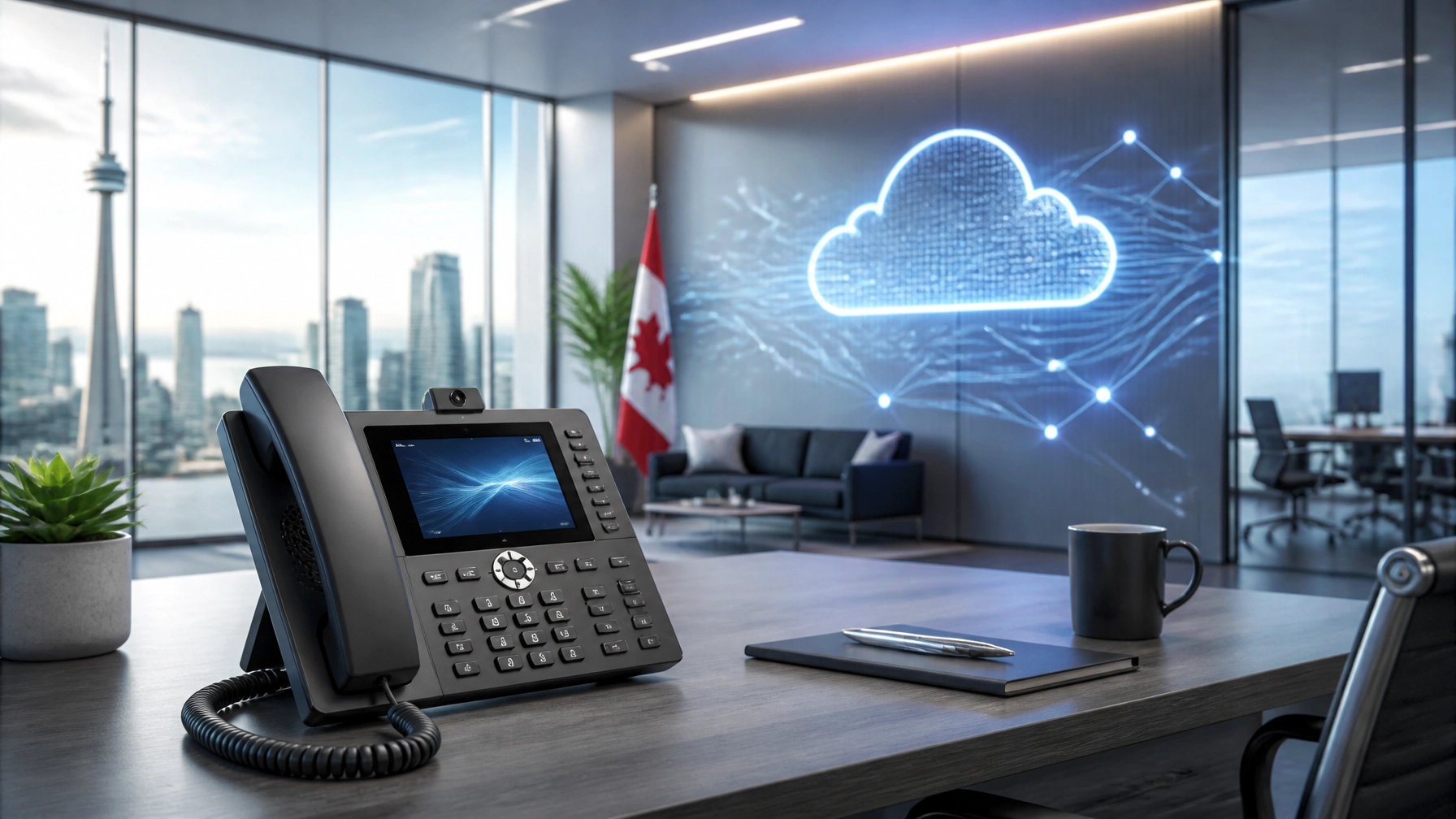 Office desk with a black VoIP phone, notebook, and mug; glass wall neon cloud data graphic in the background and a Canadian flag nearby.