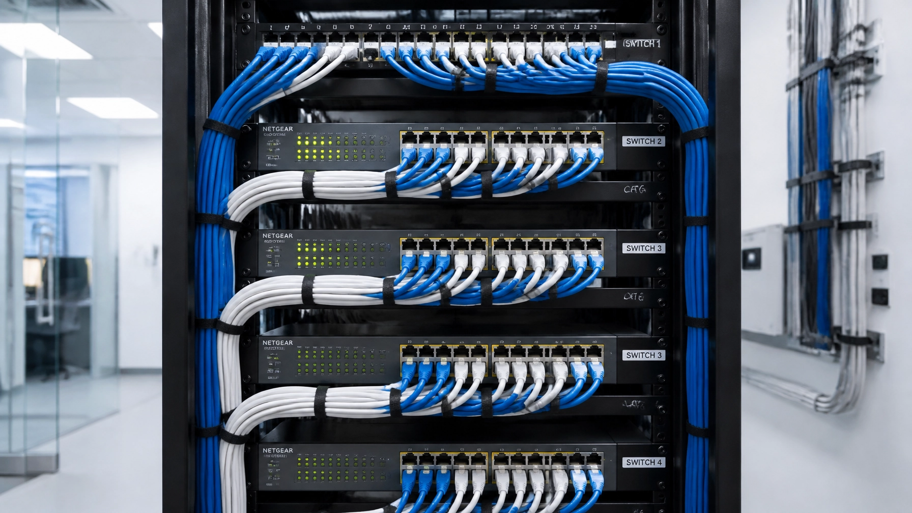 hDYvewr946s - Voiswitch - Voiswitch Server rack with multiple switches and neatly bundled blue and white network cables labeled SWITCH 2–4