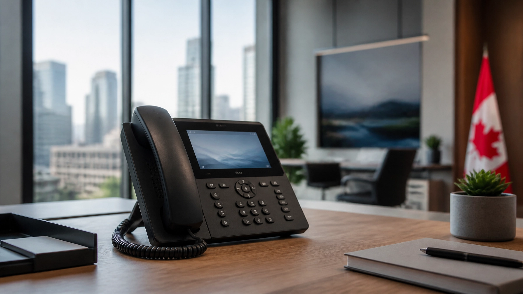 Office desk with a black desk phone in the foreground, a plant and notebook on the desk, and a Canadian flag in the background.