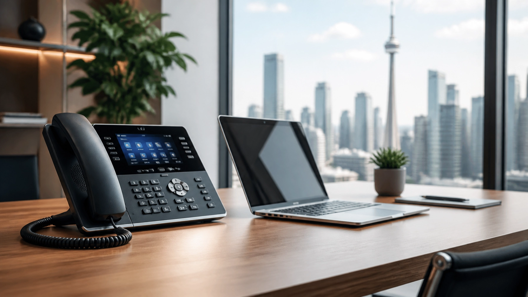 wl1ia81Yg4 - Voiswitch - Voiswitch Office desk with a conference phone, an open laptop, and a small plant, with a city skyline visible through large windows behind.